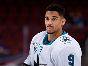 Evander Kane #9 of the San Jose Sharks warms up during the NHL game against the Arizona Coyotes at Gila River Arena on March 27, 2021 in Glendale, Arizona.