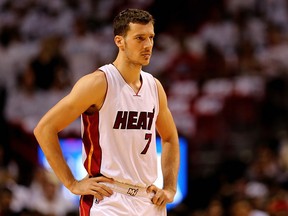 Goran Dragic #7 of the Miami Heat looks on during Game 4 of the Eastern Conference Semifinals of the 2016 NBA Playoffs against the Toronto Raptors at American Airlines Arena on May 9, 2016 in Miami, Florida.