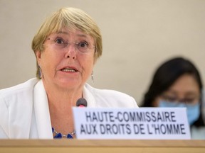 United Nations High Commissioner for Human Rights Michelle Bachelet delivers a speech at the opening of a special session of the UN Human Rights Council on Afghanistan in Geneva, Tuesday, Aug. 24, 2021.