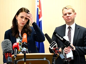 Prime Minister Jacinda Ardern announces that the quarantine free travel arrangement with Australia will be suspended for eight on July 23, 2021 in Auckland, New Zealand.