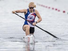 Olympic medallist Laurence Vincent Lapointe races in the C-1 200-metre at the Canoe Kayak Canada Sprint National Championships at the Rideau Canoe Club race course at Mooney's Bay on Monday.