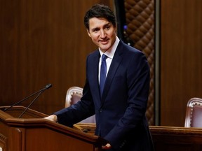 Prime Minister Justin Trudeau speaks during a ceremony swearing-in Mary Simon as the first indigenous Governor General of Canada, in the Senate chamber in Ottawa,, July 26, 2021.