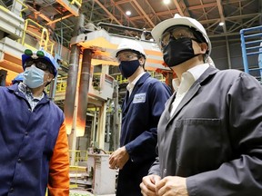 Prime Minister Justin Trudeau tours the Algoma Steel plant in Sault Ste. Marie, Ontario, Canada July 5, 2021.