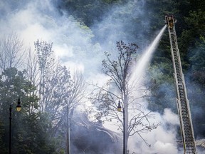 Emergency crews were on the scene of the fire at the main chalet at Mont Cascades on Sunday.