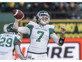 Files: Saskatchewan Roughriders quarterback Cody Fajardo (7) makes the throw against the Edmonton Eskimos during first half CFL action in Edmonton, Alta., on Saturday October 26, 2019.