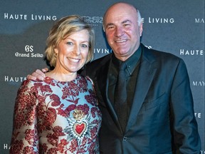 Linda and Kevin O'Leary attend Haute Living and Grand Seiko Host Cover Dinner in honour of Morimoto, celebrating Miami food and wine at Le Sirenuse on Feb. 20, 2020 in Surfside, Fla.