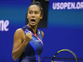 Canadian Leylah Fernandez reacts after winning a point against Aryna Sabalenka during their U.S. Open semifinal.