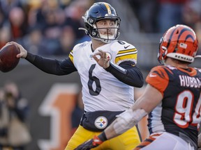 Devlin Hodges #6 of the Pittsburgh Steelers throws the ball during the second half against the Cincinnati Bengals at Paul Brown Stadium on November 24, 2019 in Cincinnati, Ohio.
