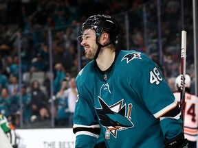 Tomas Hertl #48 of the San Jose Sharks smiles after he scored a goal against the Edmonton Oilers at SAP Center on November 12, 2019 in San Jose, California.