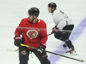 Newly acquired Zach Sanford (red) of the Ottawa Senators during morning practice at Canadian Tire Centre on Tuesday, Sept. 28, 2021.