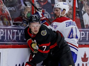 Senators’ Brady Tkachuk controls the puck against Canadiens’ Joel Edmundson. The Senators and Tkachuk are working hard on getting a new contract done.