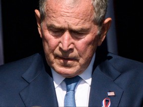 Former U.S. president George W. Bush pauses as he speaks during a 9/11 commemoration at the Flight 93 National Memorial in Shanksville, Pa. on Sept. 11, 2021.