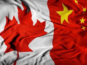 Canada - China Combined Flag | Canada and China Relations Concept | Canadian - Chinese Relationship Cover Background