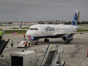JetBlue Flight 387 pushes back from the gate at Fort Lauderdale-Hollywood International Airport as it prepares for take off.