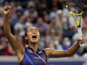 Leylah Fernandez celebrates match point against Angelique Kerber during her round of 16 match at USTA Billie Jean King National Tennis Center on September 5, 2021 in New York.