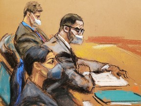 R. Kelly attends his sex abuse trial with his lawyers Nicole Blank Becker and Thomas Farinella at Brooklyn's Federal District Court in a courtroom sketch in New York, September 20, 2021.