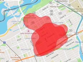 OTTAWA- September 22, 2021. Hydro Hydro Ottawa hopes to have power back in these areas by 10 a.m. About 3,500 clients remain affected.Ottawa map showing blackouts. Hydo Ottawa