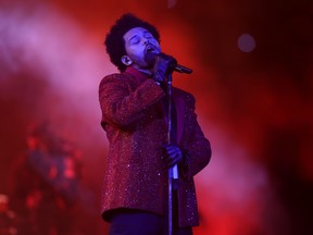 The Weeknd performs during the Pepsi Super Bowl LV Halftime Show at Raymond James Stadium on February 7, 2021 in Tampa, Florida.