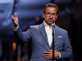 Bloc Quebecois Leader Yves-Francois Blanchet speaks during a news conference after the last of three two-hour leaders debates at the Canadian Museum of History in Gatineau, Quebec on Sept. 9, 2021.