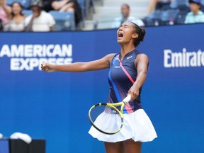 Canada's Leylah Fernandez reacts after winning her 2021 US Open Tennis tournament women's quarter-finals match against Ukraine's Elina Svitolina at the USTA Billie Jean King National Tennis Center in New York, on September 7, 2021.