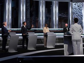 From left, Conservative Leader Erin O'Toole,  Liberal Leader Justin Trudeau, Green Leader Annammie Paul and New Democratic Party Leader Jagmeet Singh participate in the federal election French-language leaders debate at the Canadian Museum of History in Gatineau on Sept. 8, 2021.