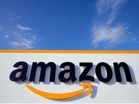 The logo of Amazon is seen at the company logistics centre in Boves, France, August 8, 2018.