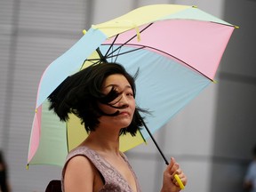 FILE: A woman holds an umbrella.