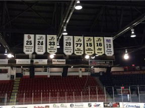 Banners recognizing some of the Olympiques greats hang in the Robert Guertin Arena in February 2015.