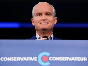 Conservative party Leader Erin O'Toole speaks at a news conference in Ottawa on Sept. 21, 2021.