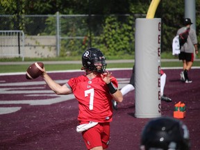 Quarterback Devlin (Duck) Hodges participates in his first practice with the Redblacks at Gee-Gees Stadium on Saturday.