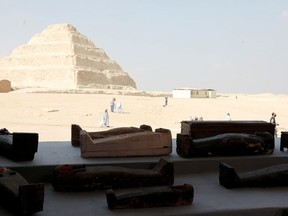 Sarcophaguses that are around 2500 years old, from the newly discovered burial site near Egypt's Saqqara necropolis, are seen during a presentation in Giza, Egypt November 14, 2020.
