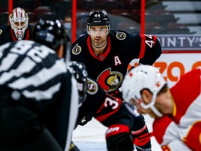 OTTAWA - February 25, 2021. Ottawa Senators defenceman Erik Gudbranson (44) during second period action against the Calgary Flames at the Canadian Tire Centre.