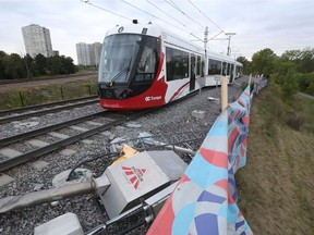 The LRT train that derailed west of Tremblay Station on Sunday.