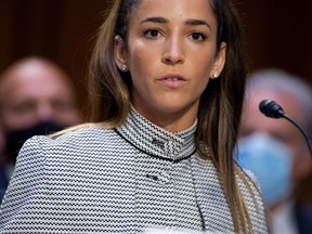 Olympic gymnast Aly Raisman testifies during a Senate Judiciary hearing about the Inspector General's report on the FBI handling of the Larry Nassar investigation of sexual abuse of Olympic gymnasts, on Capitol Hill, in Washington, D.C., U.S., September 15, 2021.