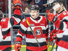 Cameron Tolnai, middle, seen celebrating a goal with Ottawa 67's teammates back in February 2020, says it's time for the 'next wave' to step up.