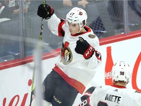 Ottawa Senators forward Ridly Greig celebrates his goal against the Winnipeg Jets in NHL exhibition play at Canada Life Centre in Winnipeg on Sun., Sept. 26, 2021.