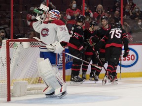 The Ottawa Senators celebrate a goal scored by left winger Egor Sokolov (right) in the second period against the Montreal Canadiens at the Canadian Tire Centre.