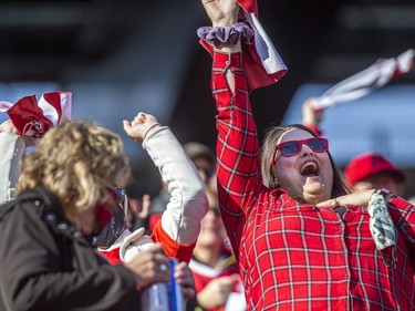 Fans get into the spirt as the Canadian women's soccer team takes on New Zealand in the International friendly game on Saturday.