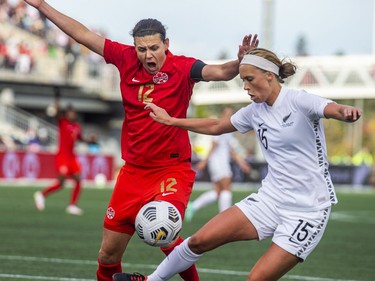 New Zealand's Daisy Cleverley earned a penalty kick while battling against Canada's Christine Sinclair.