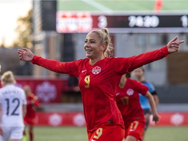 The Canadian national women's soccer team took on New Zealand in a friendly match at TD Place on Sunday at The Women's National Team Celebration Tour. Canada's #9 Adriana Leon celebrates her goal in the second half of the game.