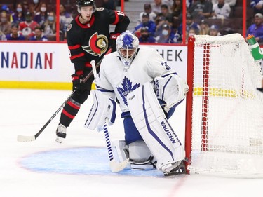 Petr Mrazek #35 of the Toronto Maple Leafs makes a save in the second period against the Ottawa Senators.
