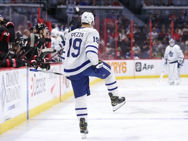 Jason Spezza #19 of the Toronto Maple Leafs celebrates his third-period goal against the Ottawa Senators.
