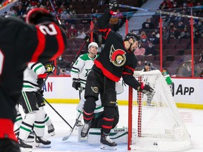 Chris Tierney #71 (not shown) of the Ottawa Senators scores on the Dallas Stars while his teammate Zach Sanford #13 celebrates during the second period at Canadian Tire Centre on Sunday.