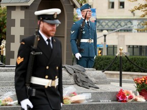 Flowers were left at the National War Memorial and nearby Nathan Cirillo plaque on Friday — the seven-year anniversary of his death after he was shot while standing guard on sentry duty.