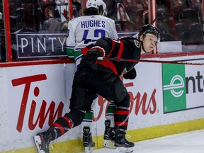 Senators free-agent winger Brady Tkachuk (7) has been skating with Canucks defenceman Quinn Hughes in MIchigan, but Hughes will be heading back to B.C. after agreeing to a new deal with Vancouver on Friday.