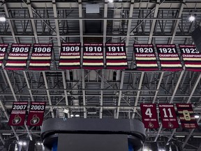 Some of the overhead banners hanging at the Canadian Tire Centre on Wednesday,
