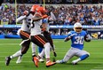 Los Angeles Chargers running back Austin Ekeler gives himself up short of the Cleveland end zone to use up time late in the game. No matter, the Browns defence all but escorted him over the goalline on the next play, but then ran out of time in their 47-42 loss.