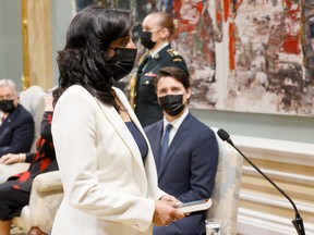 Anita Anand is sworn in as the Minister of National Defence during the presentation of Prime Minister Justin Trudeau's new cabinet at Rideau Hall in Ottawa, Ontario, Canada October 26, 2021.
