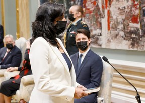 Anita Anand is sworn in as the Minister of National Defence during the presentation of Prime Minister Justin Trudeau's new cabinet at Rideau Hall in Ottawa, Ontario, Canada October 26, 2021.