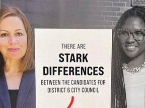 Campaign flyer that shows white woman in colour on left and black woman in greyscale on right with text about "stark differences" is being called "racist."